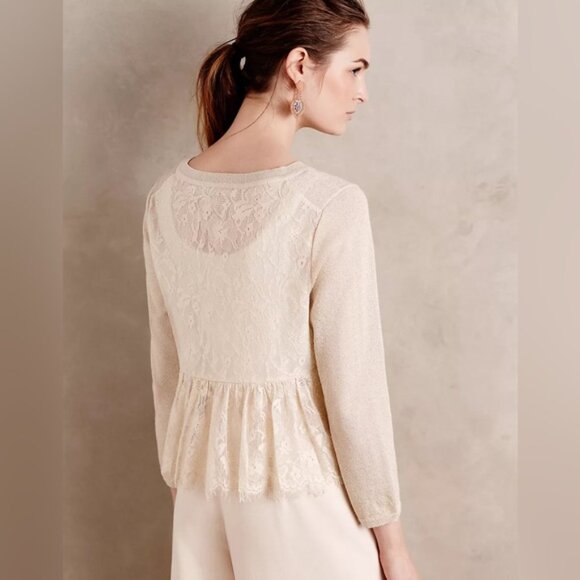 Anthropologie Knitted & Knotted Afterword Cardigan Sweater Beige Metallic Lace - Picture 16 of 16